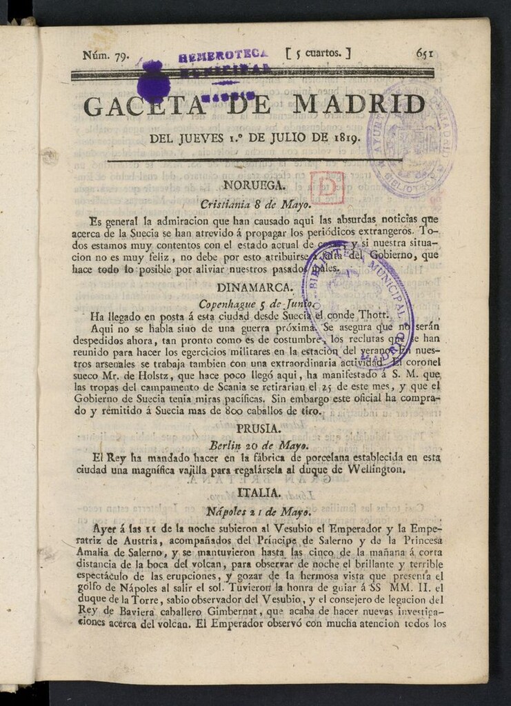 Miniatura de Gazeta de Madrid del 1 de julio de 1819