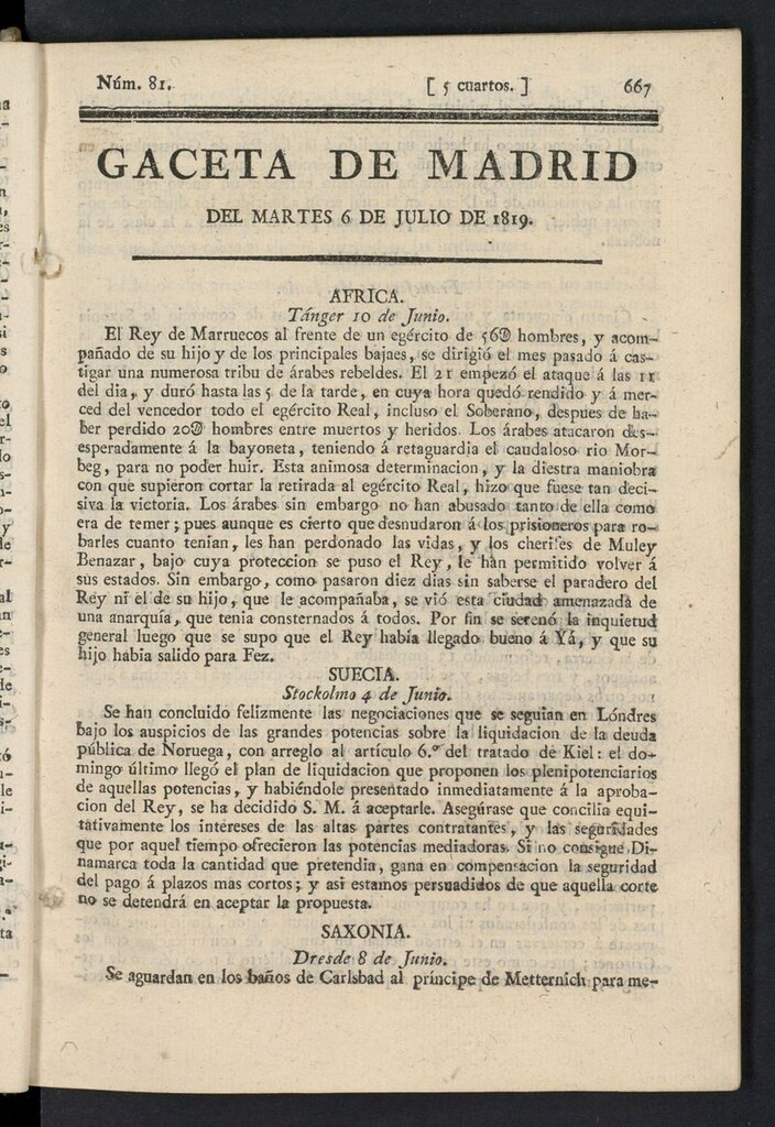 Miniatura de Gazeta de Madrid del 6 de julio de 1819