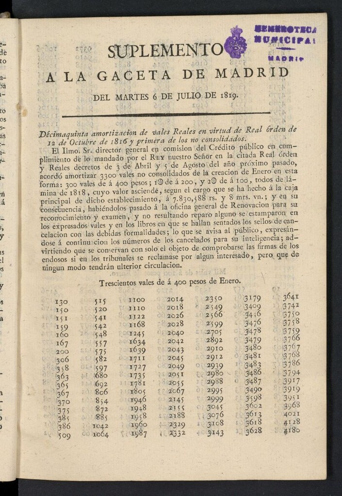 Miniatura de Gazeta de Madrid del 6 de julio de 1819, suplemento