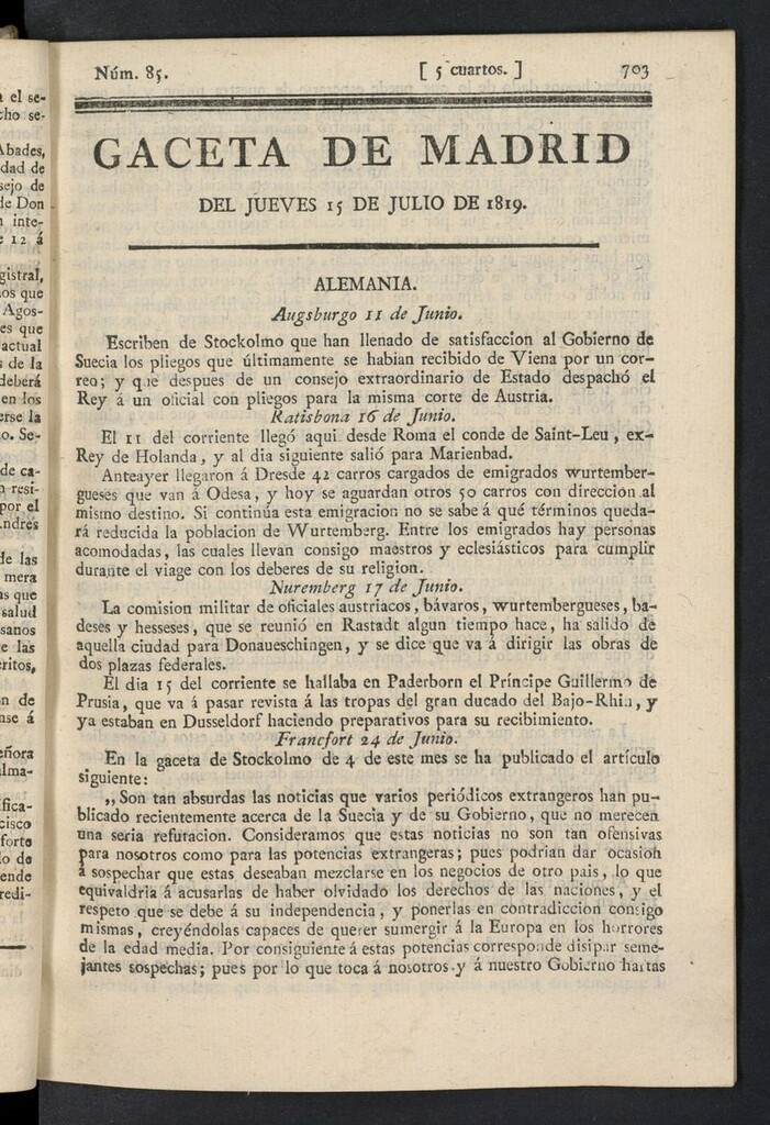 Miniatura de Gazeta de Madrid del 15 de julio de 1819