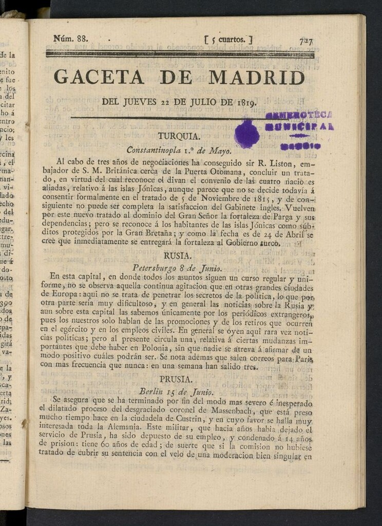 Miniatura de Gazeta de Madrid del 22 de julio de 1819