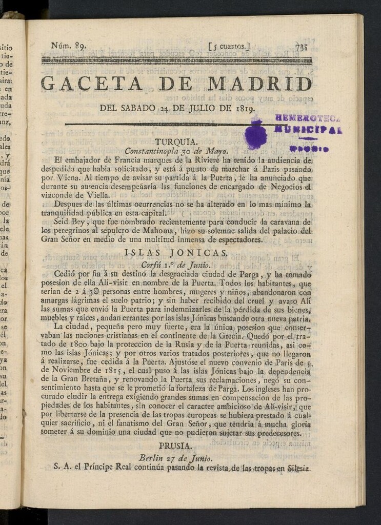 Miniatura de Gazeta de Madrid del 24 de julio de 1819