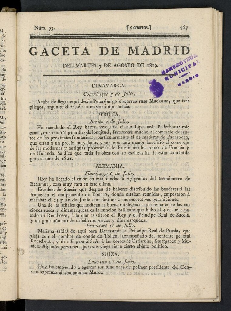 Miniatura de Gazeta de Madrid del 3 de agosto de 1819