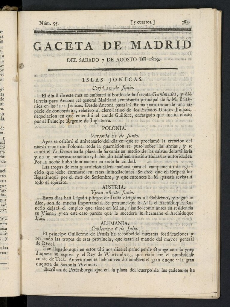 Miniatura de Gazeta de Madrid del 7 de agosto de 1819