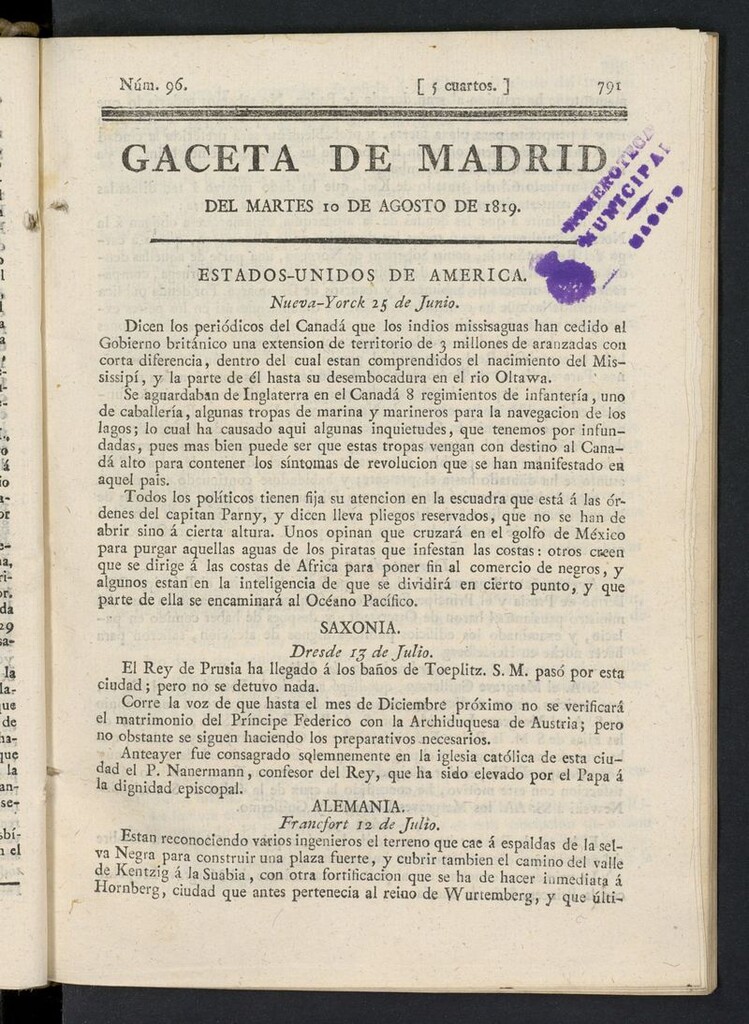 Miniatura de Gazeta de Madrid del 10 de agosto de 1819