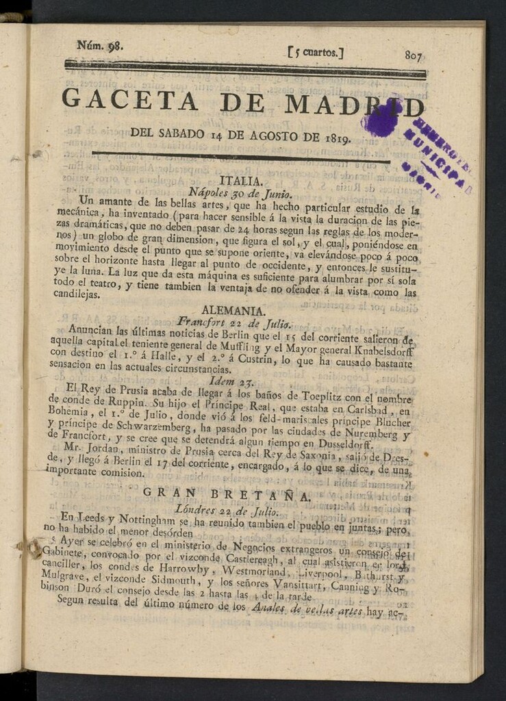 Miniatura de Gazeta de Madrid del 14 de agosto de 1819