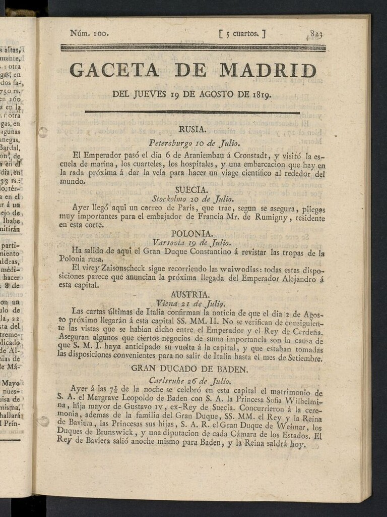 Miniatura de Gazeta de Madrid del 19 de agosto de 1819