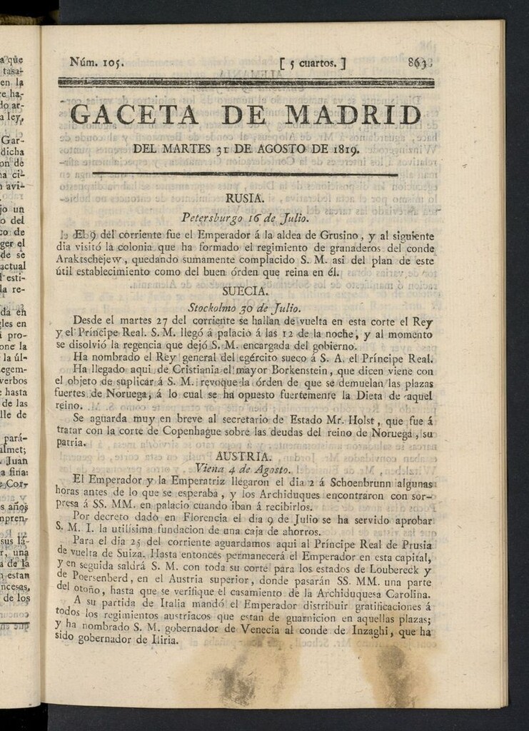 Miniatura de Gazeta de Madrid del 31 de agosto de 1819