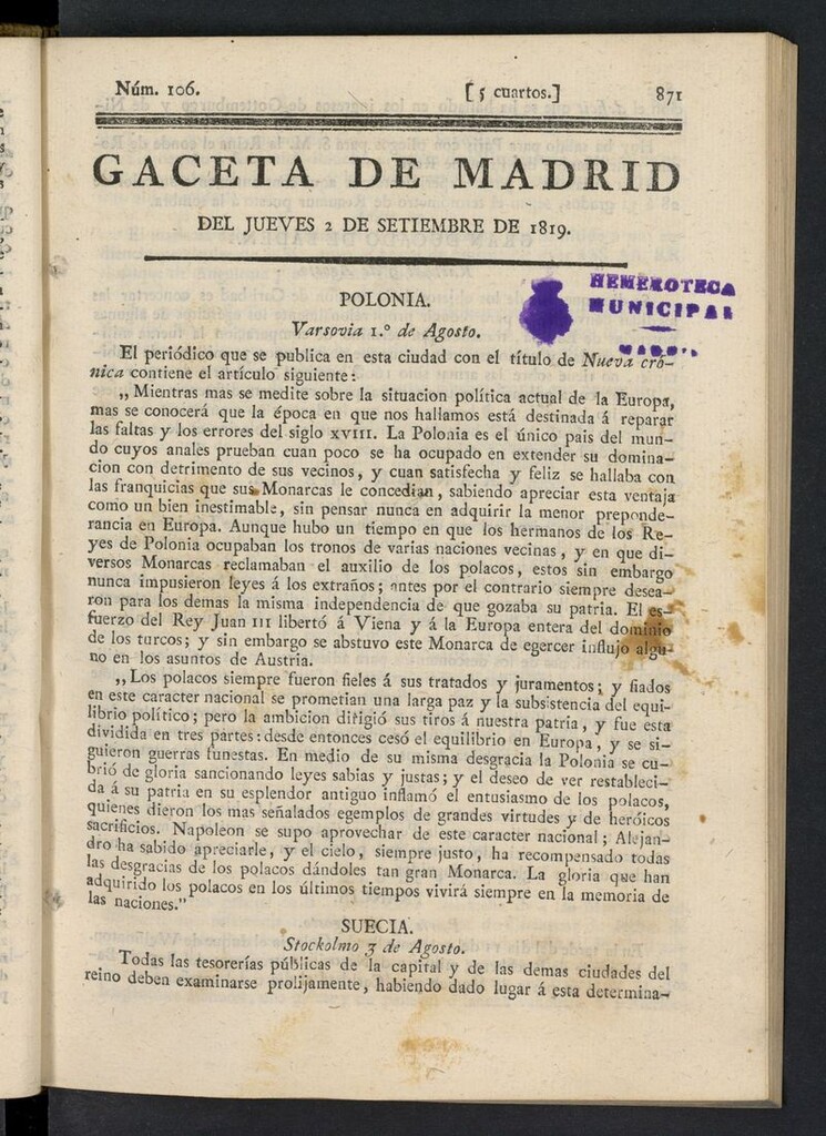 Miniatura de Gazeta de Madrid del 2 de septiembre de 1819
