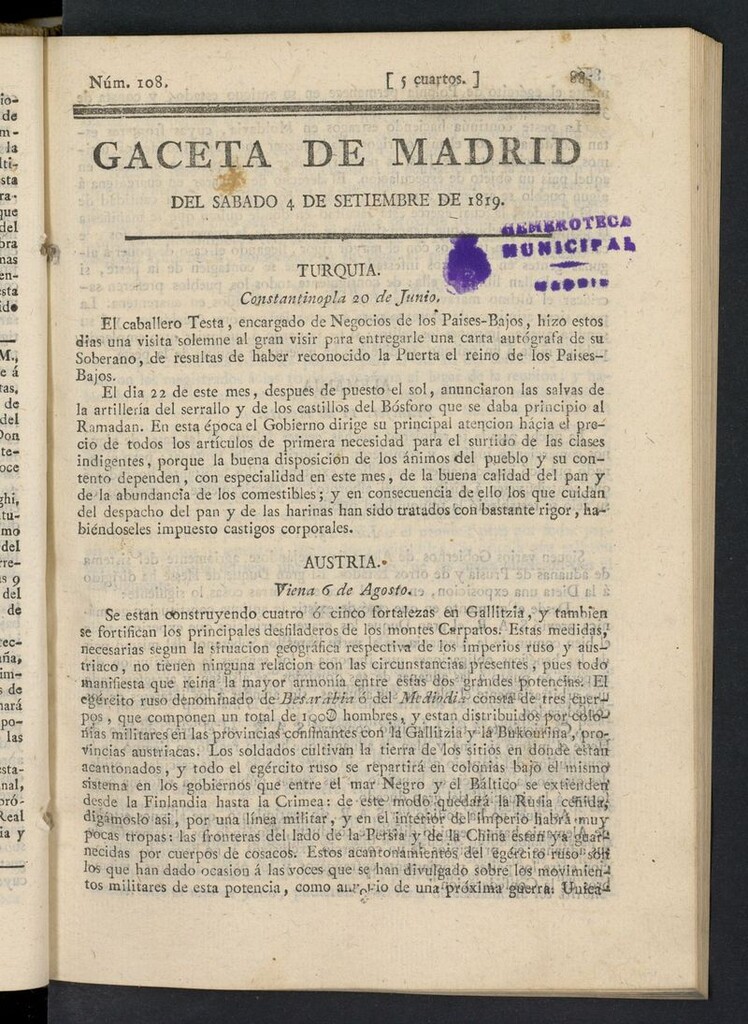 Miniatura de Gazeta de Madrid del 4 de septiembre de 1819