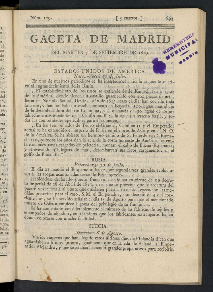 Miniatura de Gazeta de Madrid del 7 de septiembre de 1819