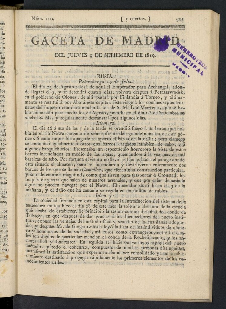 Miniatura de Gazeta de Madrid del 9 de septiembre de 1819