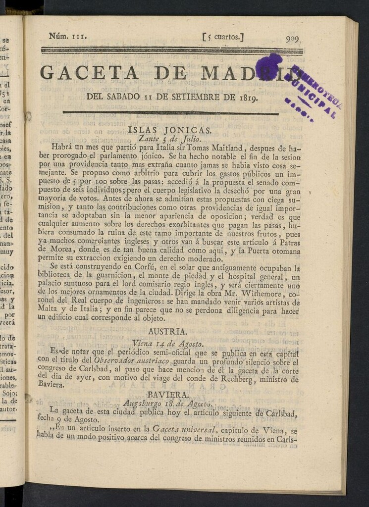 Miniatura de Gazeta de Madrid del 11 de septiembre de 1819