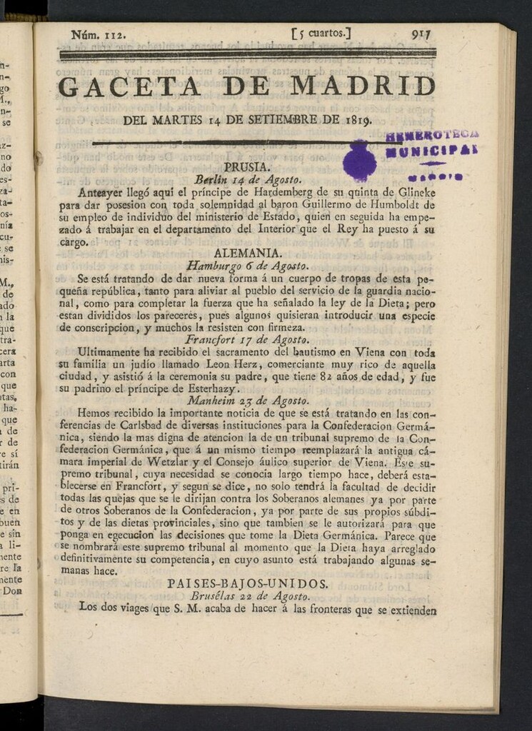 Miniatura de Gazeta de Madrid del 14 de septiembre de 1819