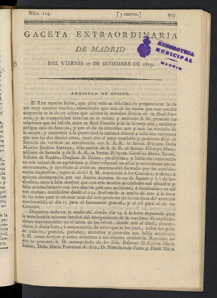 Miniatura de Gazeta de Madrid del 17 de septiembre de 1819