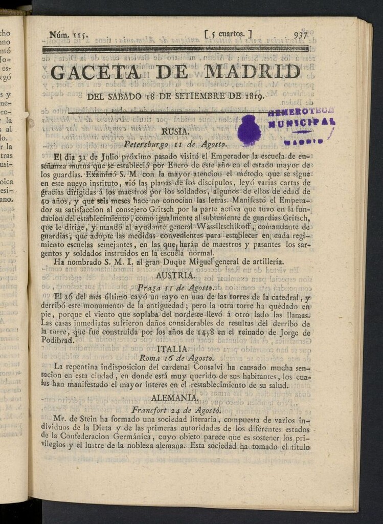 Miniatura de Gazeta de Madrid del 18 de septiembre de 1819