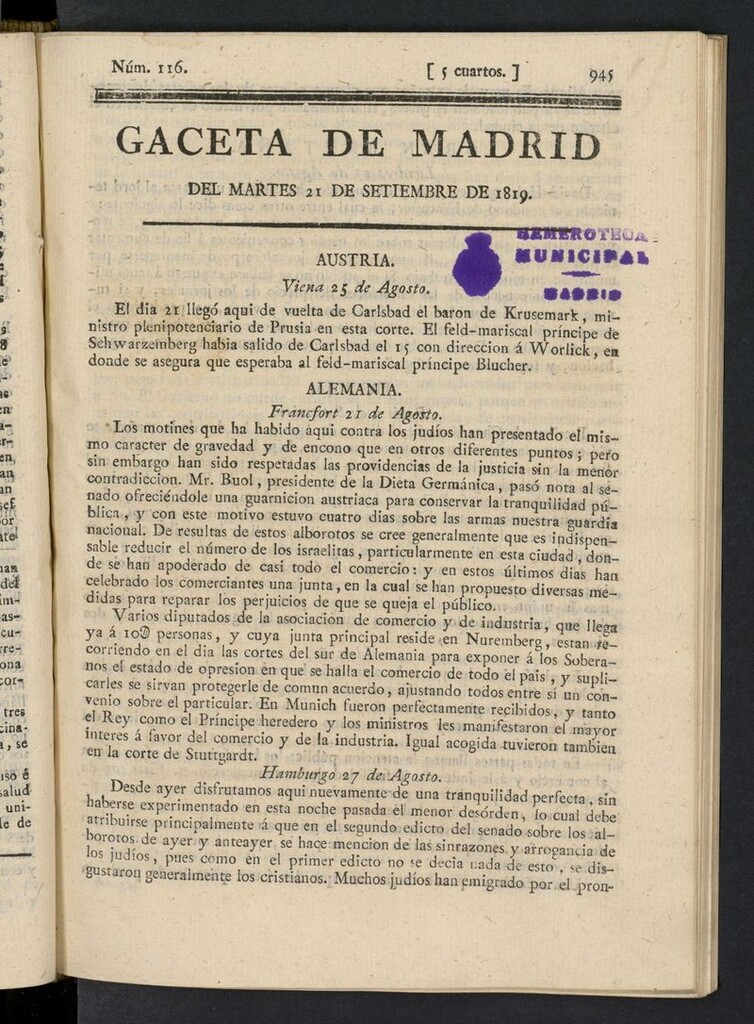 Miniatura de Gazeta de Madrid del 21 de septiembre de 1819