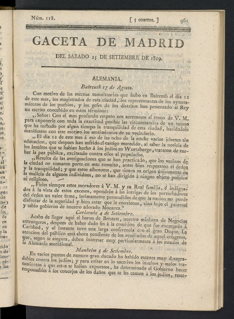 Miniatura de Gazeta de Madrid del 25 de septiembre de 1819
