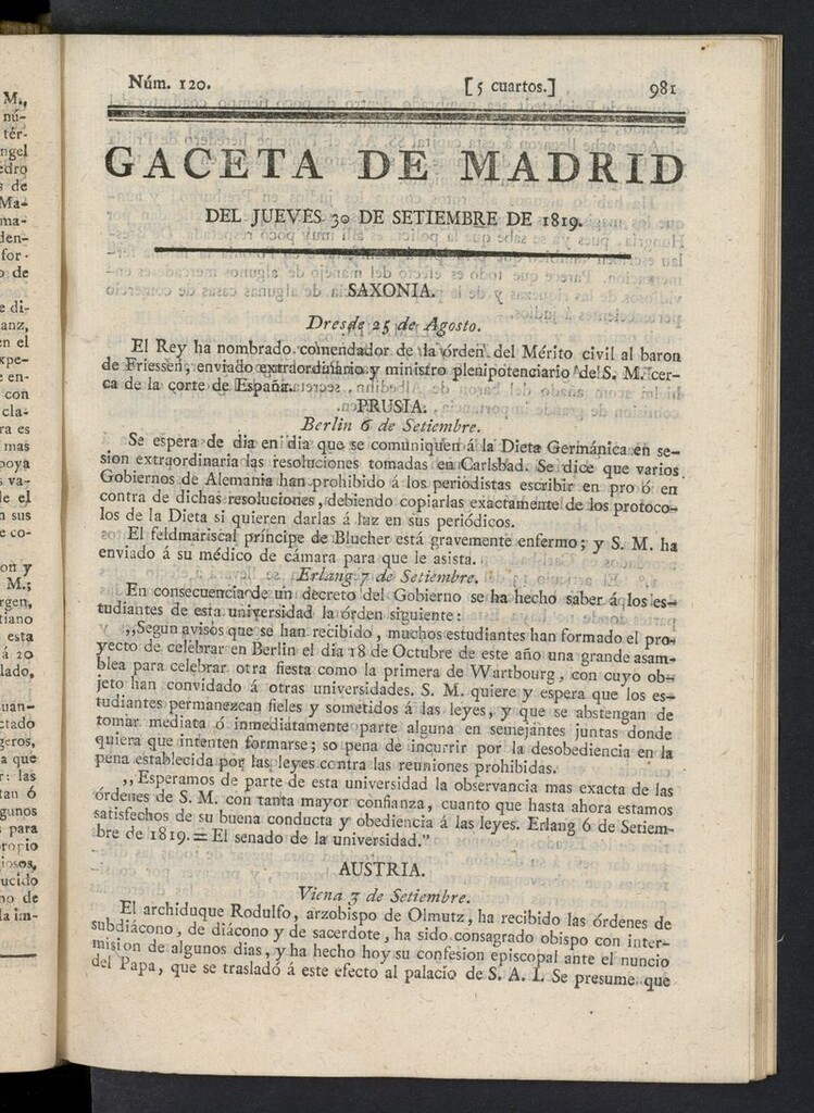 Miniatura de Gazeta de Madrid del 30 de septiembre de 1819