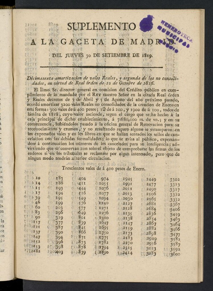 Miniatura de Gazeta de Madrid del 30 de septiembre de 1819, suplemento