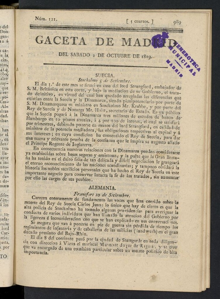 Miniatura de Gazeta de Madrid del 2 de octubre de 1819