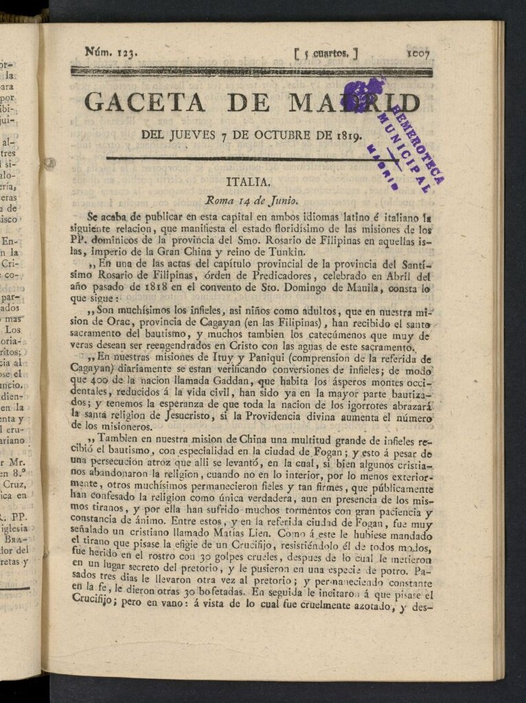 Miniatura de Gazeta de Madrid del 7 de octubre de 1819