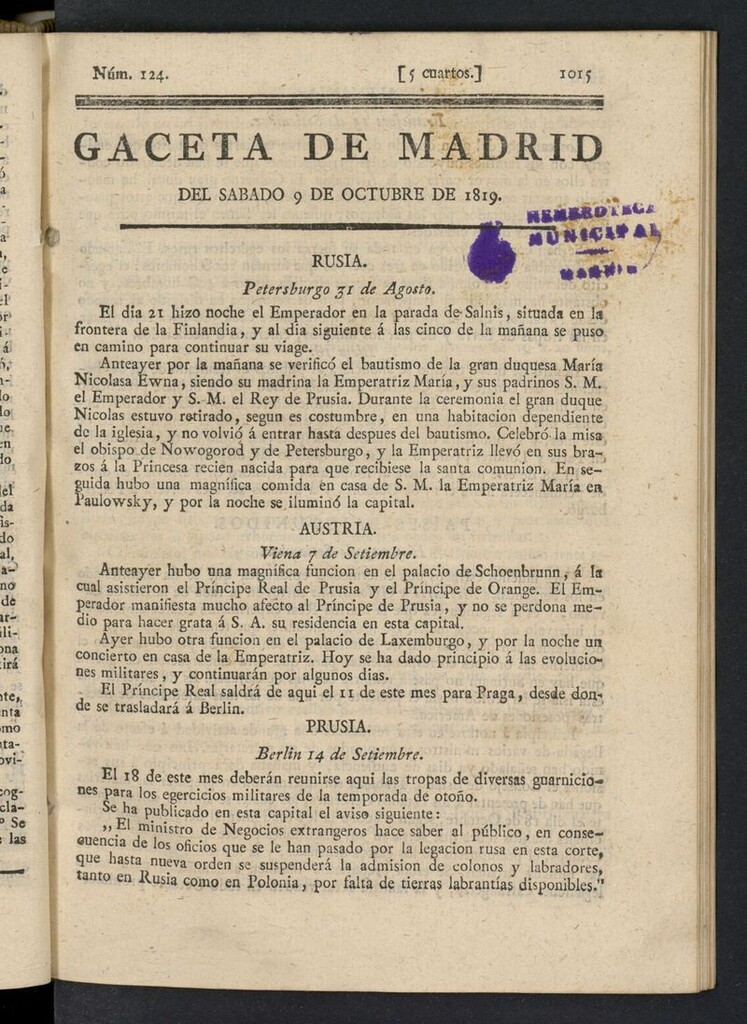 Miniatura de Gazeta de Madrid del 9 de octubre de 1819