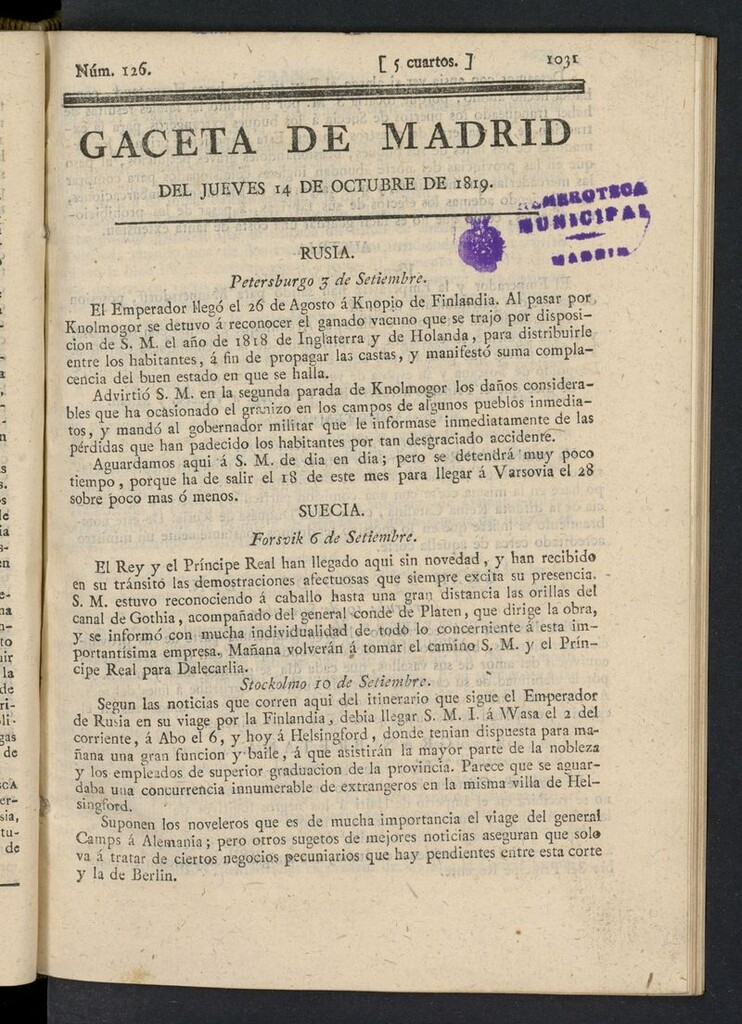 Miniatura de Gazeta de Madrid del 14 de octubre de 1819