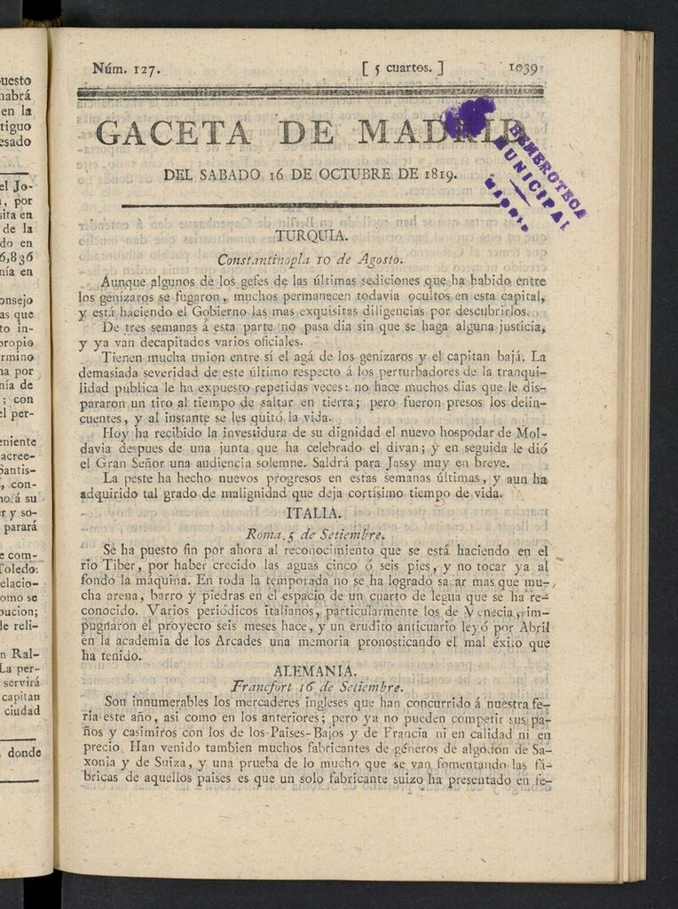 Miniatura de Gazeta de Madrid del 16 de octubre de 1819