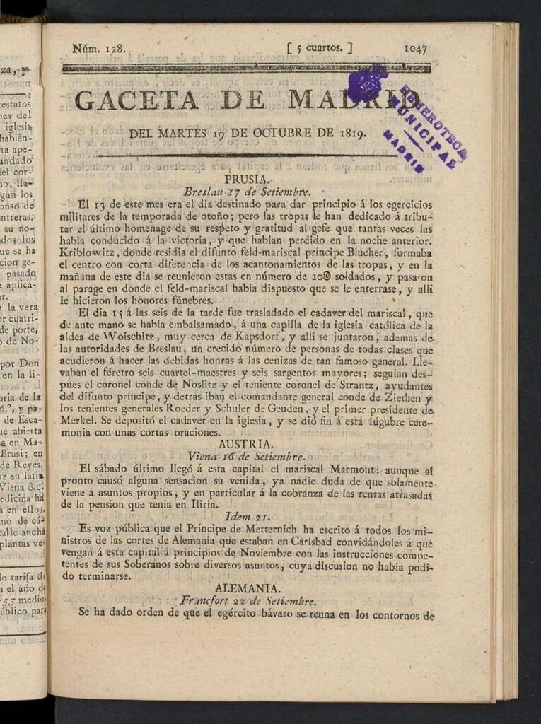 Miniatura de Gazeta de Madrid del 19 de octubre de 1819