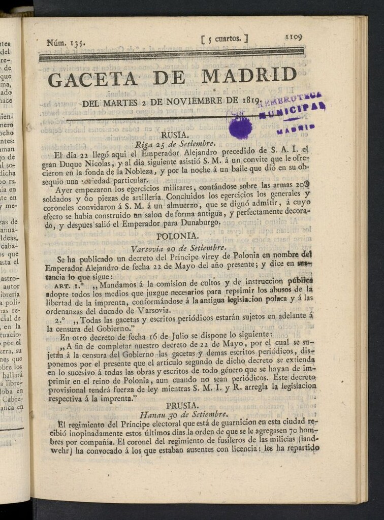 Miniatura de Gazeta de Madrid del 2 de noviembre de 1819