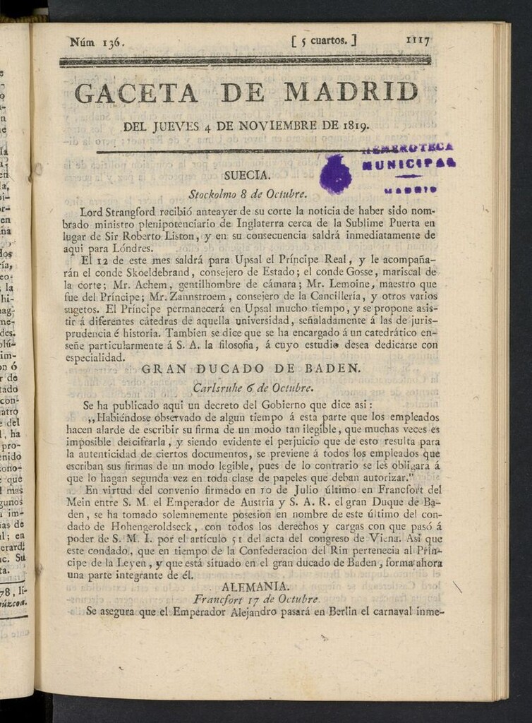 Miniatura de Gazeta de Madrid del 4 de noviembre de 1819