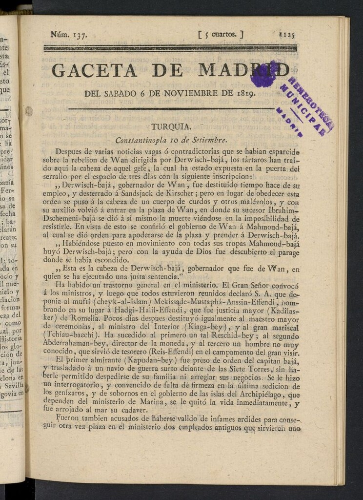 Miniatura de Gazeta de Madrid del 6 de noviembre de 1819