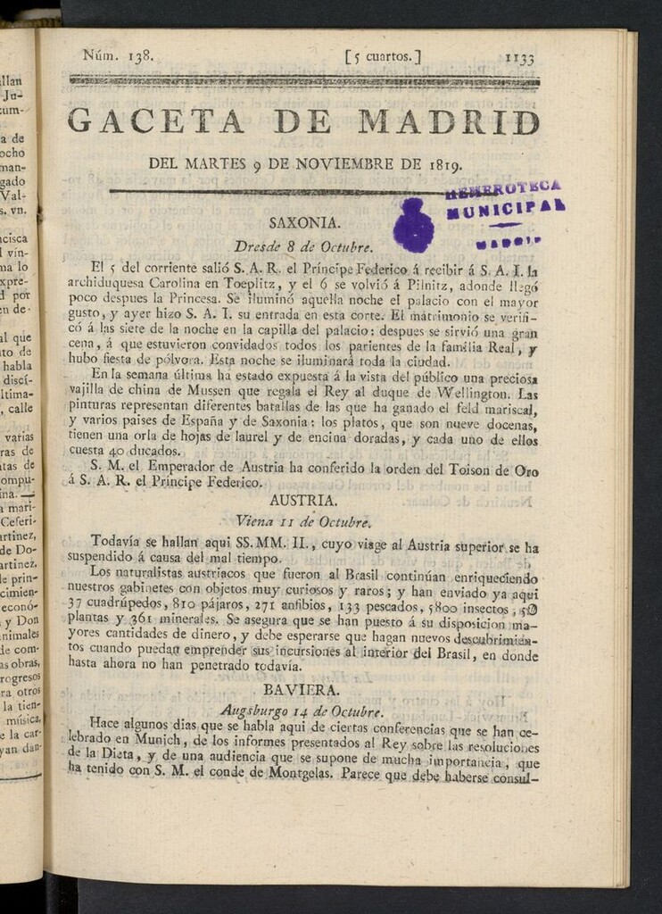 Miniatura de Gazeta de Madrid del 9 de noviembre de 1819