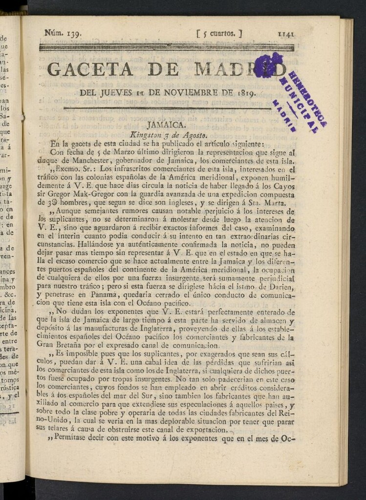 Miniatura de Gazeta de Madrid del 14 de noviembre de 1819