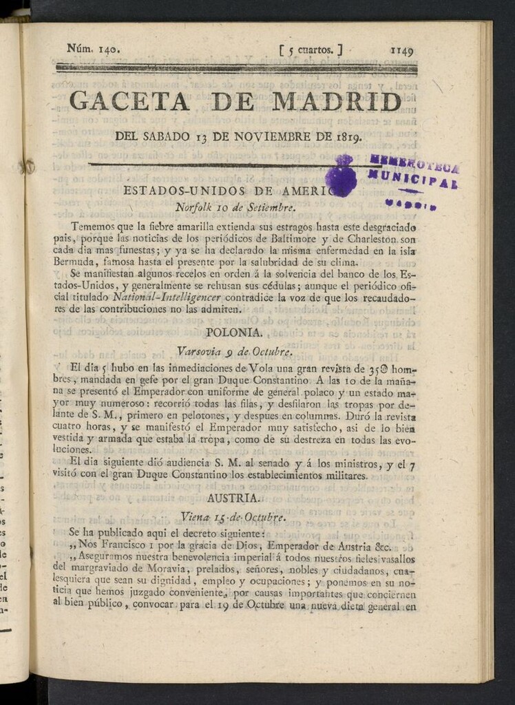 Miniatura de Gazeta de Madrid del 13 de noviembre de 1819