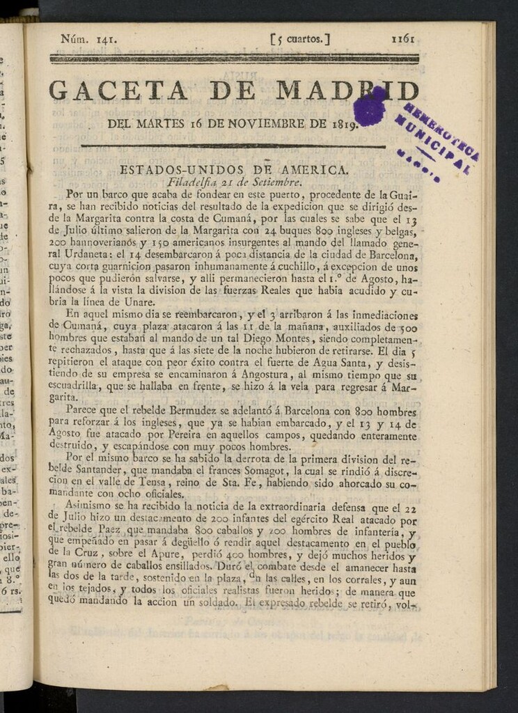 Miniatura de Gazeta de Madrid del 16 de noviembre de 1819
