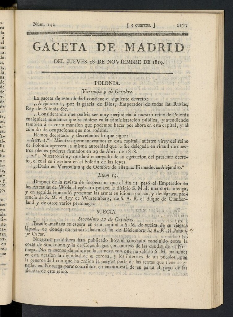 Miniatura de Gazeta de Madrid del 18 de noviembre de 1819