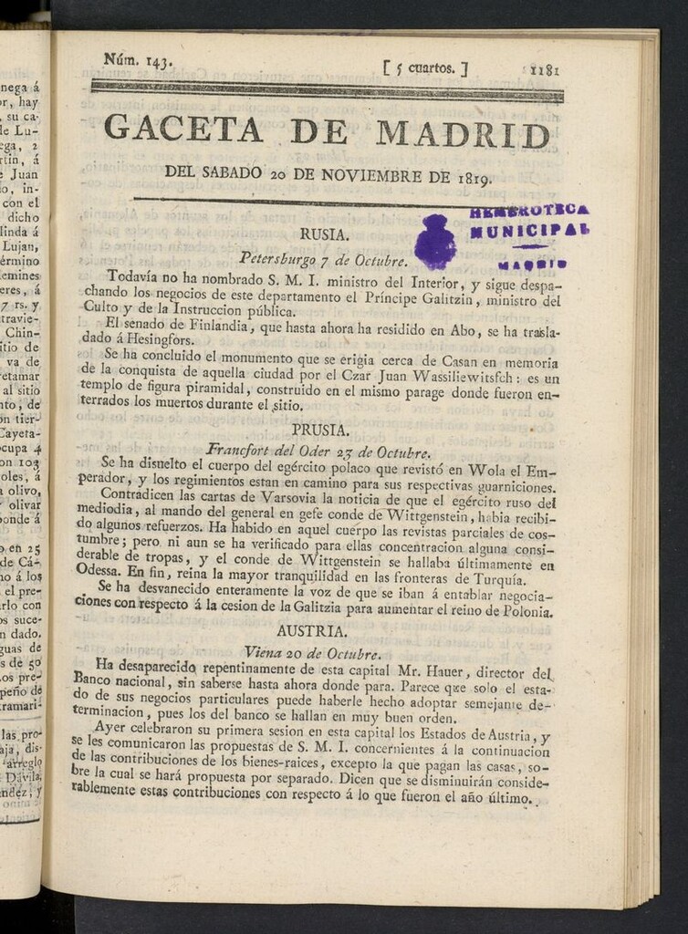 Miniatura de Gazeta de Madrid del 20 de noviembre de 1819