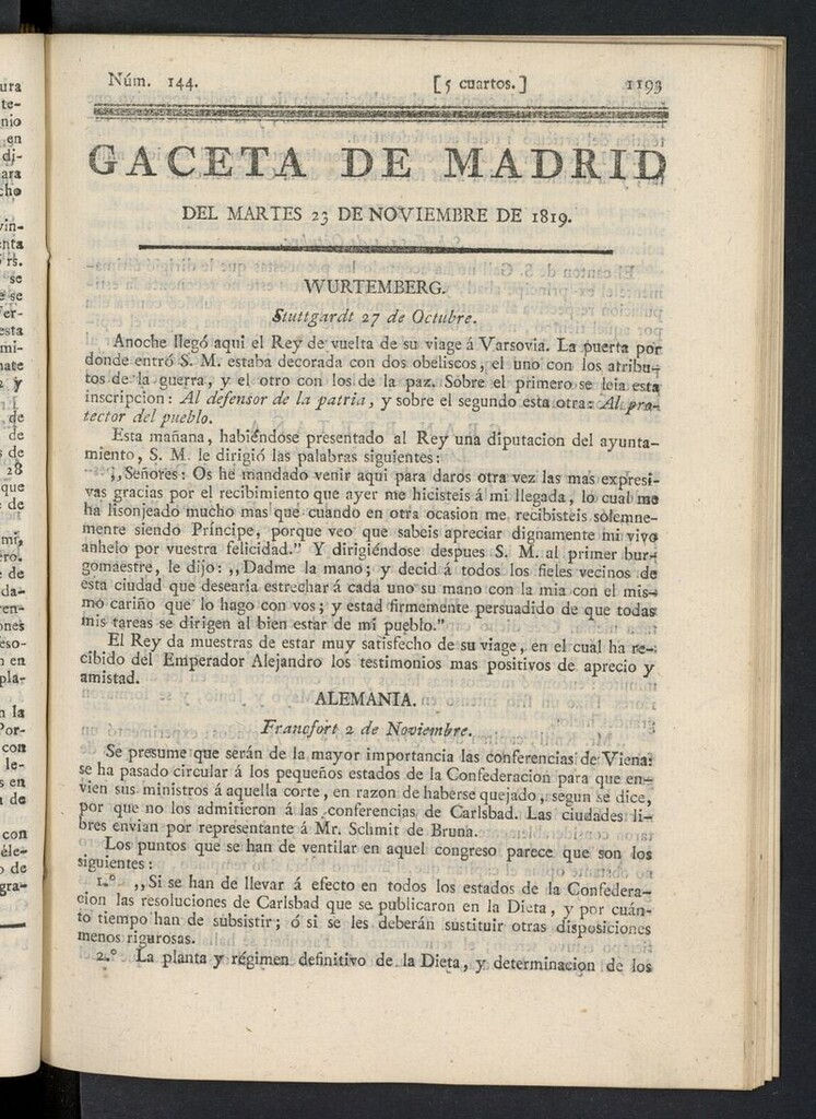 Miniatura de Gazeta de Madrid del 23 de noviembre de 1819