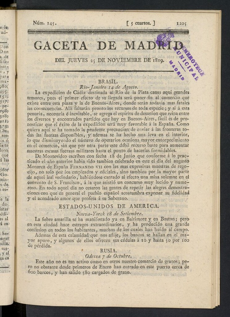 Miniatura de Gazeta de Madrid del 25 de noviembre de 1819