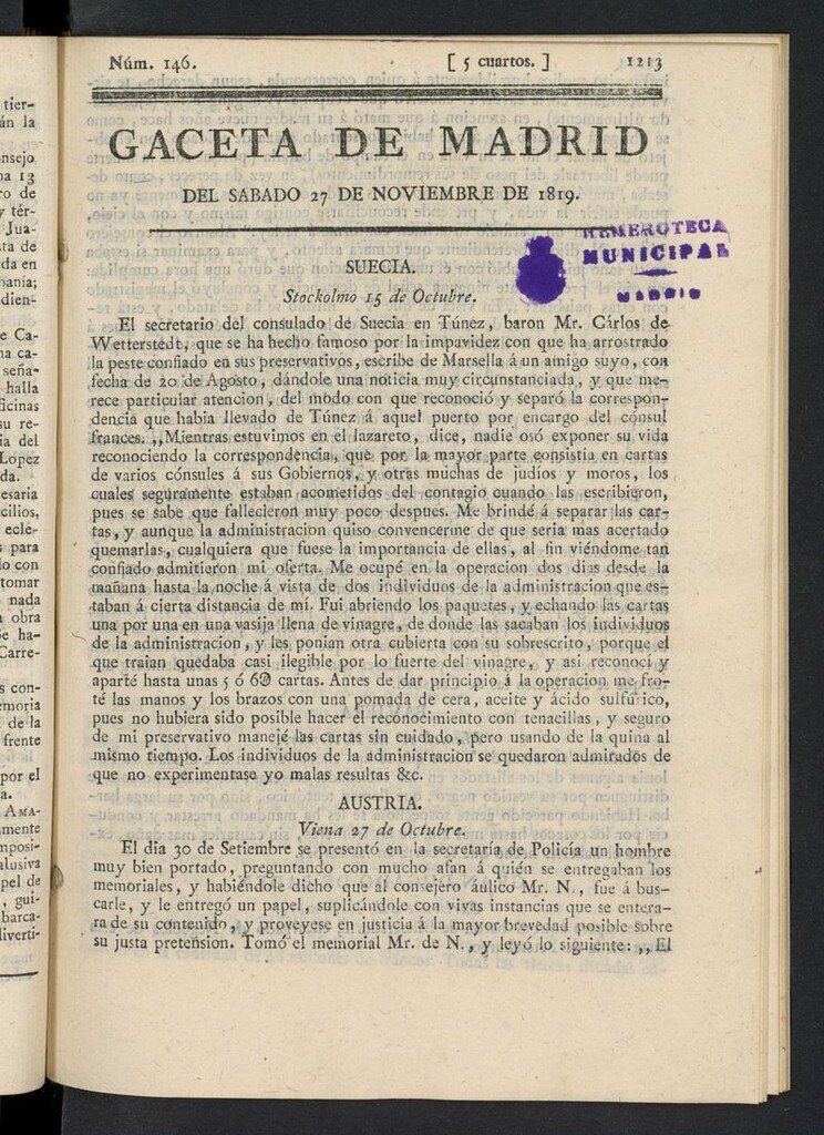 Miniatura de Gazeta de Madrid del 27 de noviembre de 1819