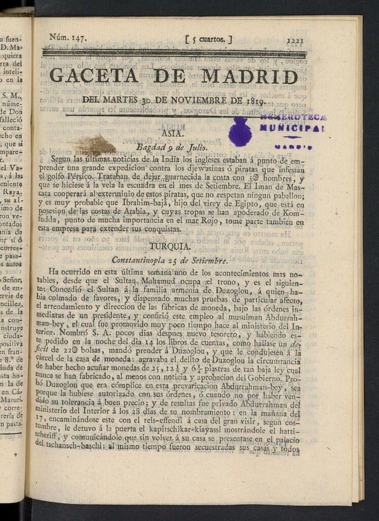 Miniatura de Gazeta de Madrid del 30 de noviembre de 1819