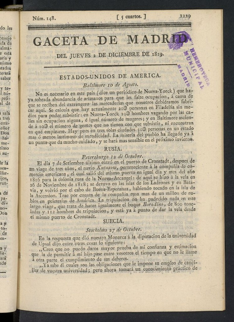 Miniatura de Gazeta de Madrid del 2 de diciembre de 1819