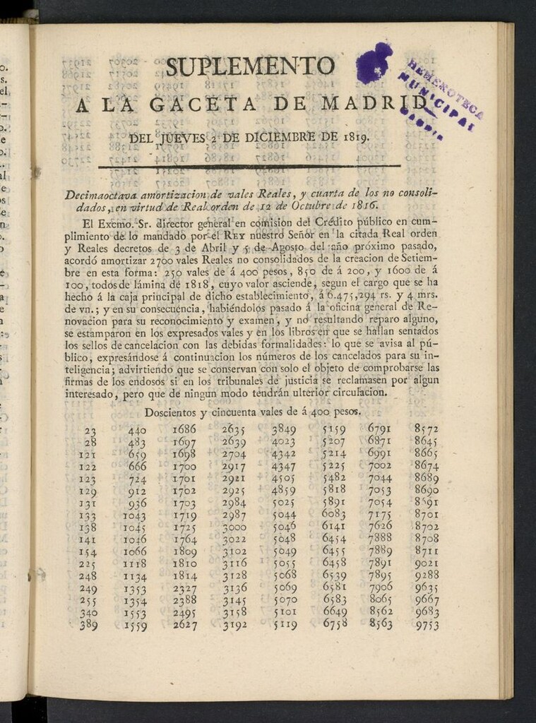Miniatura de Gazeta de Madrid del 2 de diciembre de 1819, suplemento