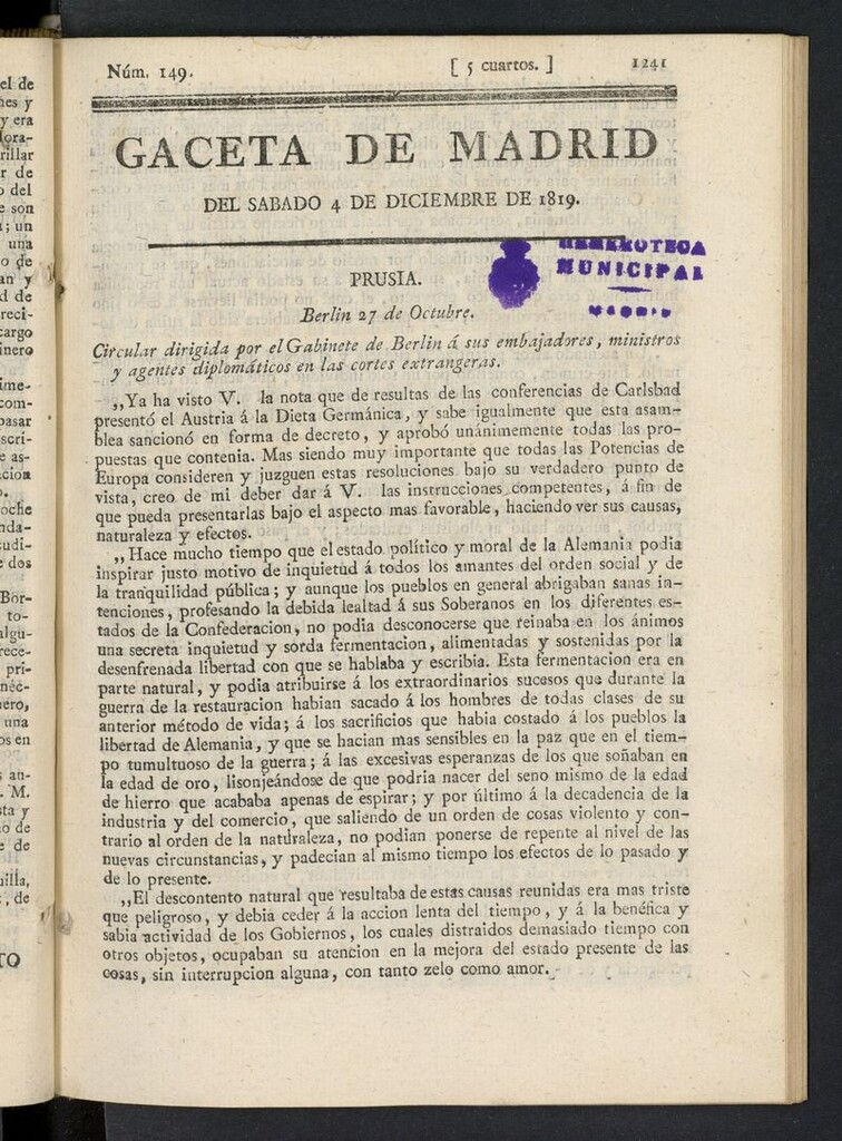 Miniatura de Gazeta de Madrid del 4 de diciembre de 1819