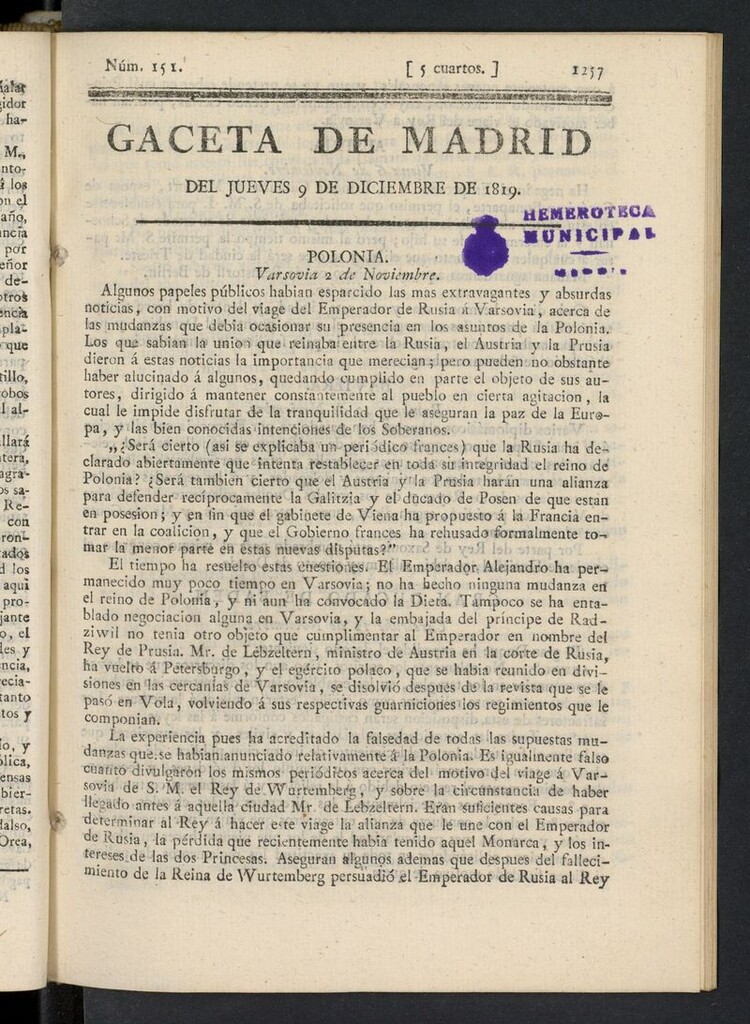 Miniatura de Gazeta de Madrid del 9 de diciembre de 1819