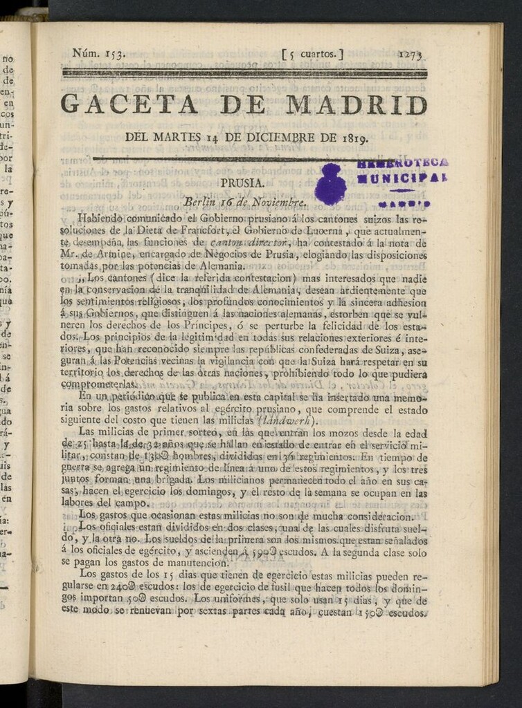 Miniatura de Gazeta de Madrid del 14 de diciembre de 1819