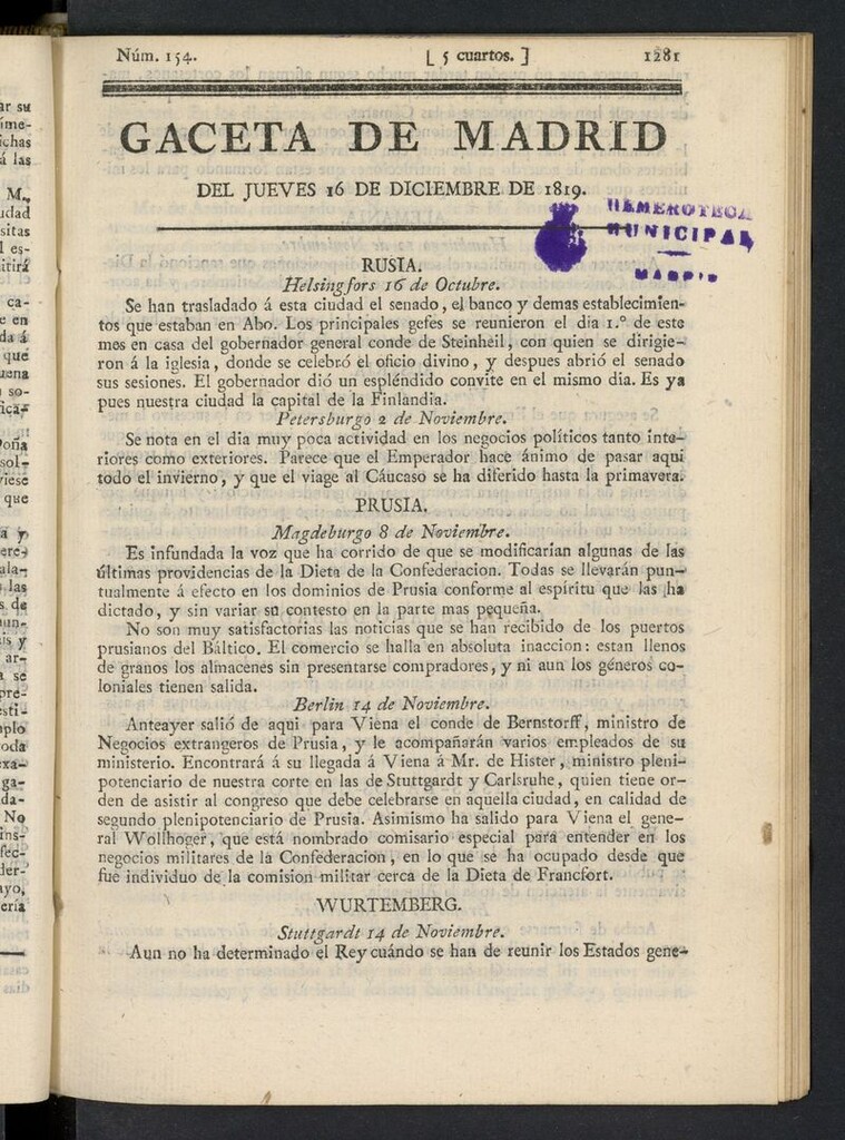 Miniatura de Gazeta de Madrid del 16 de diciembre de 1819