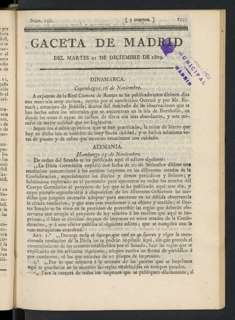 Miniatura de Gazeta de Madrid del 21 de diciembre de 1819